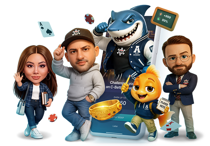 WSOP Academy's mobile learning experience with animated poker characters, playing cards and chips